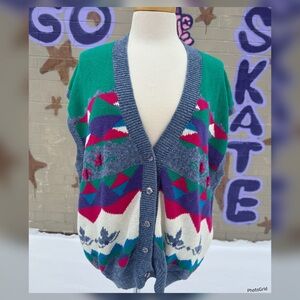 Koret Women's Cardigan with Green, Pink, and Blue Geometric Design